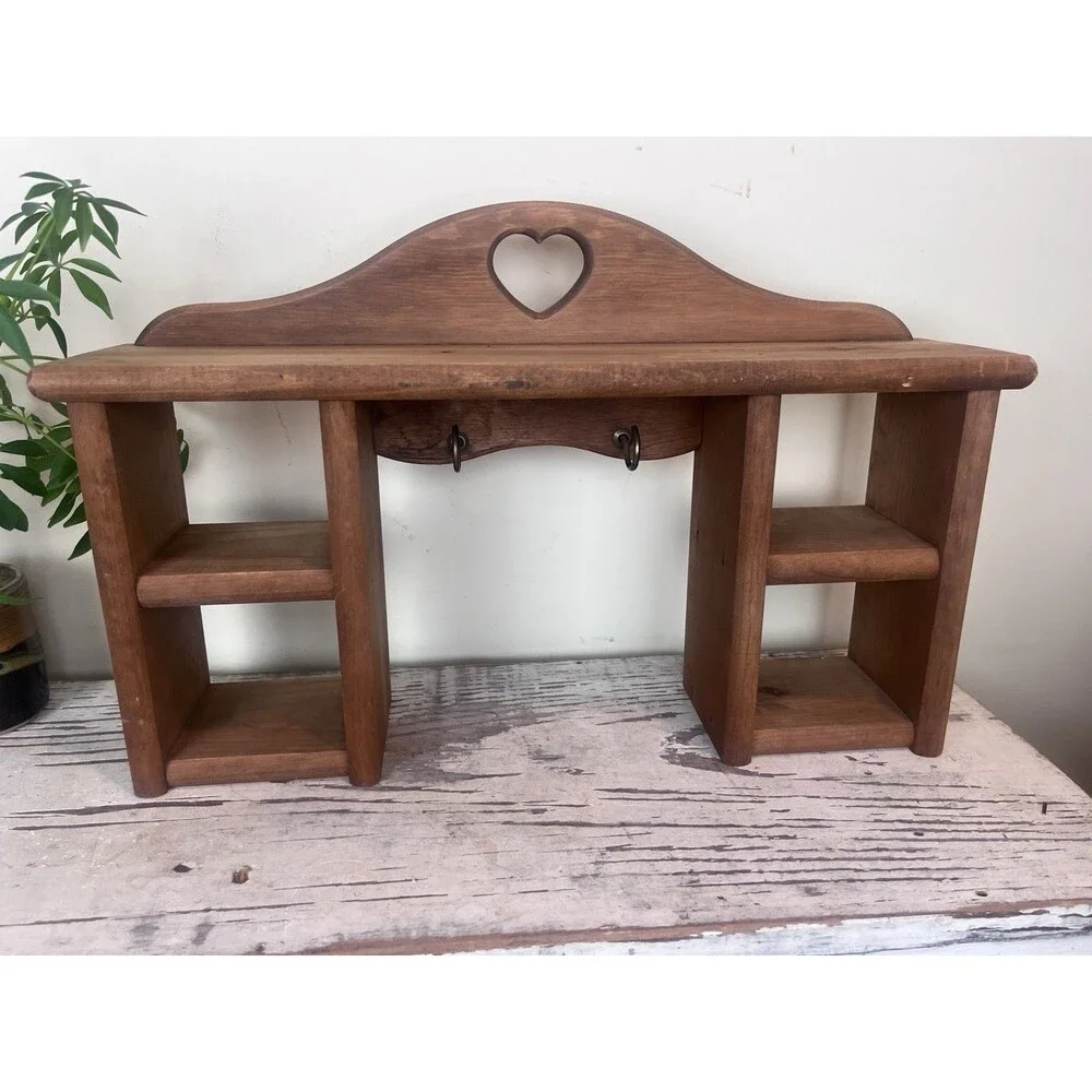Vintage Wood Heart Cutout Trinket Shelf Shadowbox Cottage Farmhouse Key Holder